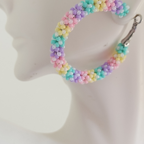 Hand Crafted Multicolor Beaded Hoop Earrings - Picture 3 of 6